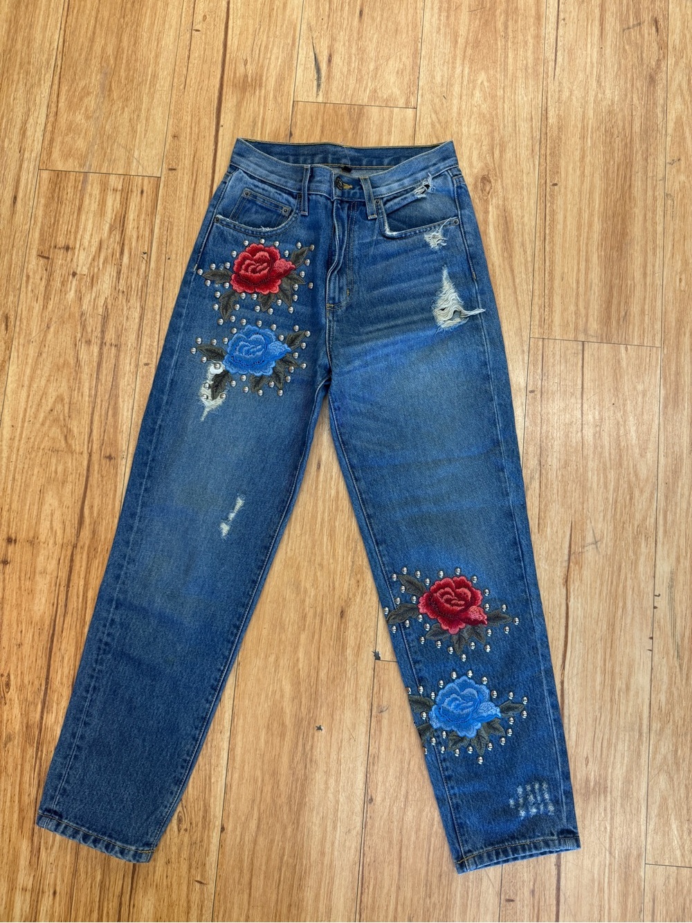 Carmar High-Rise Distressed Jeans with Red & Blue Rose Embroidery